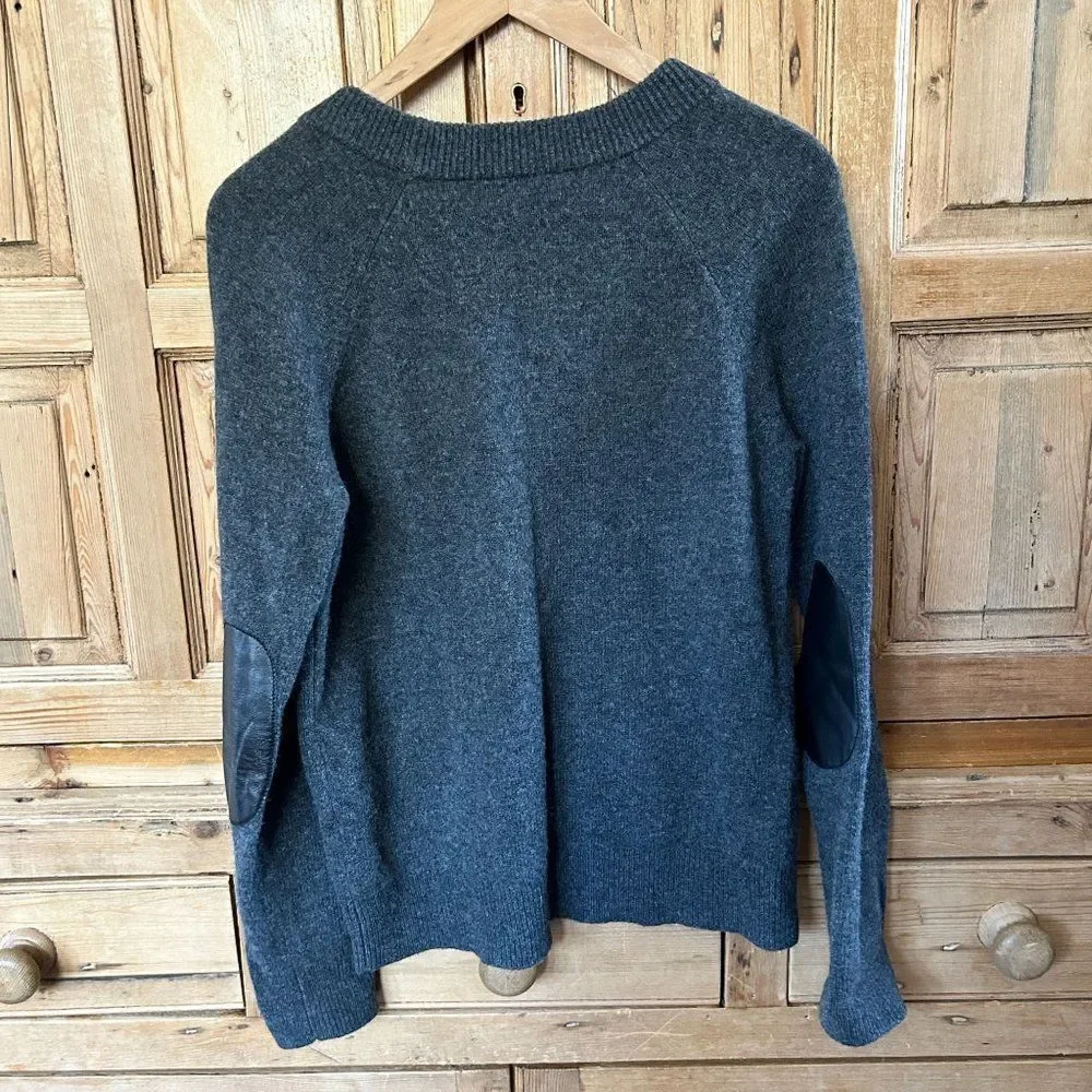 Kate Spade Medium Gray‎ Knit Sweater Crewneck Bow Detail Leather Patch Charcoal